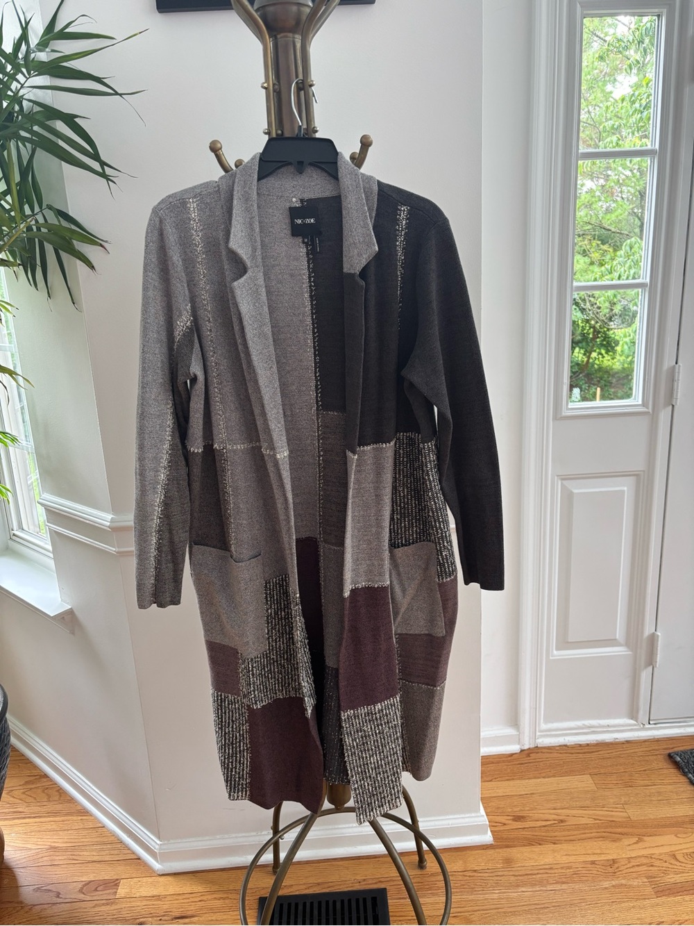 NIC+ZOE Patchwork Open-Front Long Cardigan in Gray & Wine